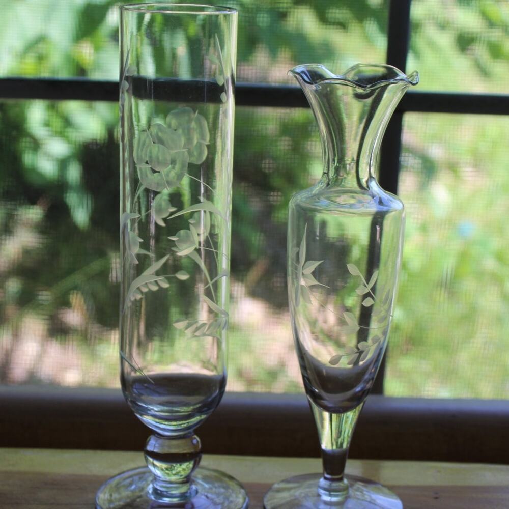 Vintage Fostoria Romania Handmade Etched Floral Crystal Vases.